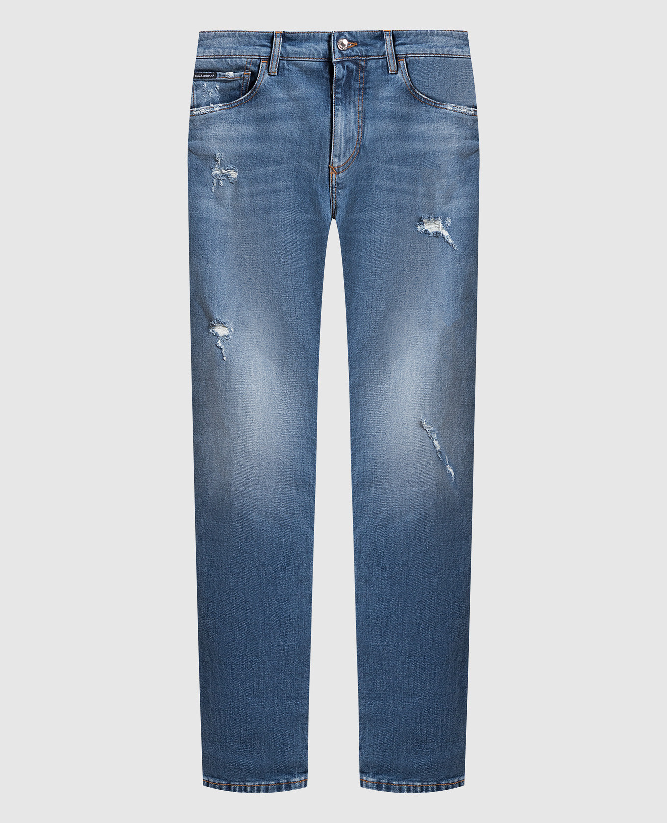 Синие джинсы с эффектом потертости и прорехами