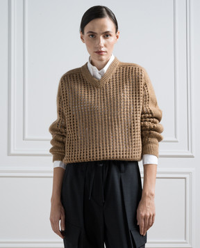 Brunello Cucinelli Коричневый ажурный пуловер с люрексом MGP557502P