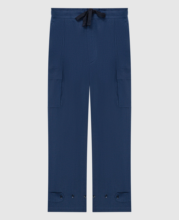 Blue linen cargo pants with logo patch