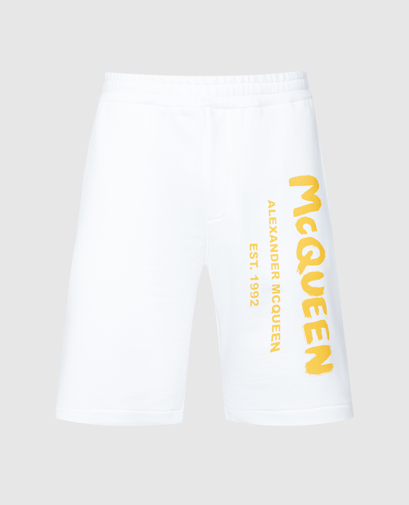 White shorts with a Graffiti logo print