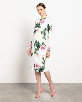 Dolce&Gabbana Біла сукня в принт Троянди F6H8WTFSRMB