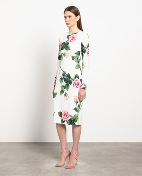 Dolce&Gabbana Біла сукня в принт Троянди F6H8WTFSRMB