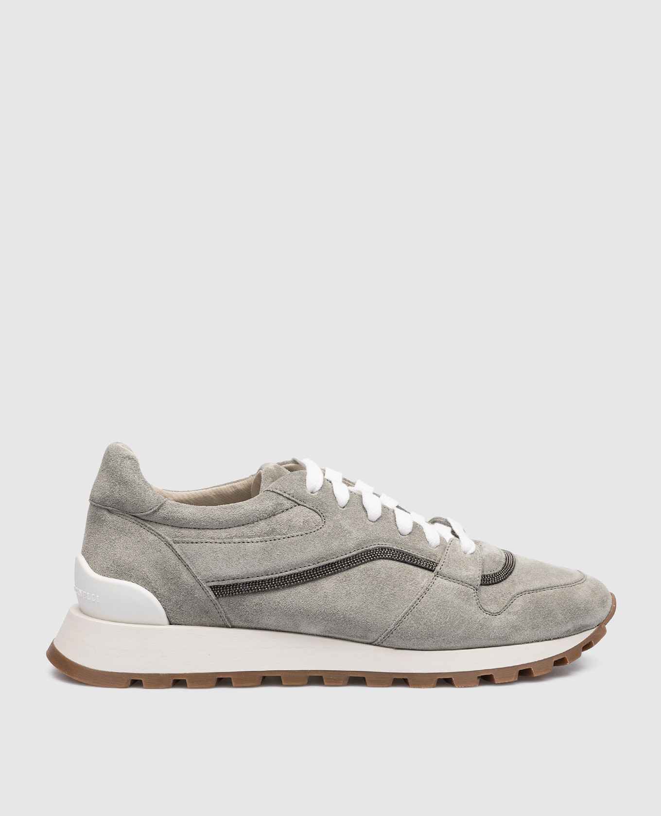 Gray suede sneakers with monil chain