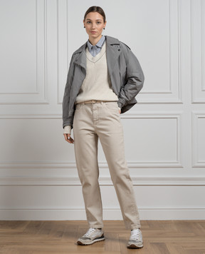 Brunello Cucinelli Бежевый пуловер в рубчик с цепочкой из эколатуни M19195902
