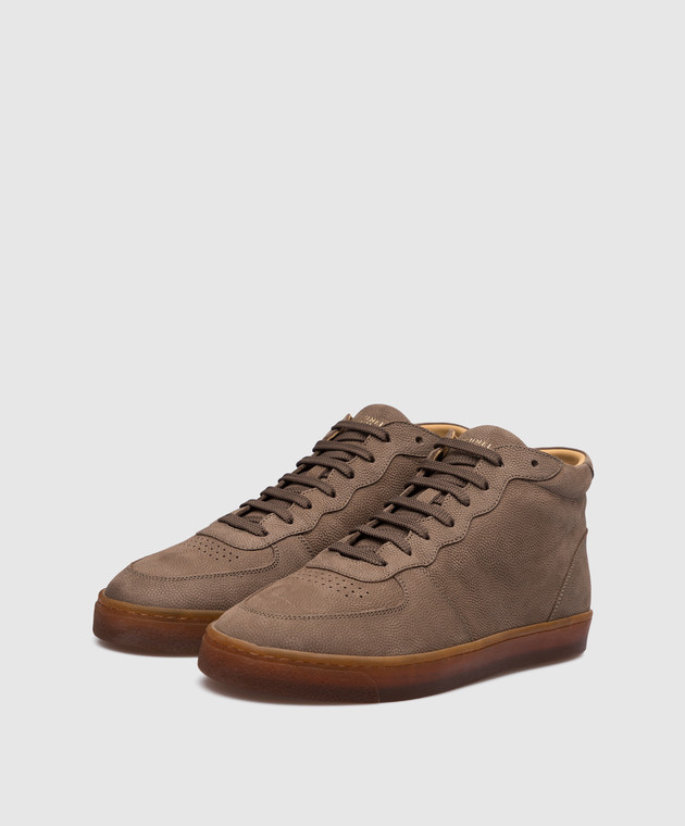 Brunello Cucinelli Кожаные коричневые сникеры с мехом MZUMSMW273 изображение 2