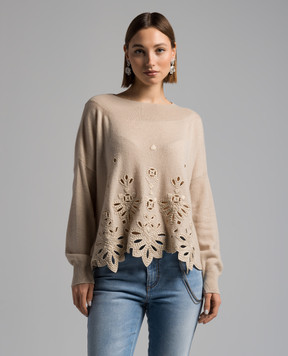 Ermanno Scervino Бежевий светр з кашеміру з ажурною вишивкою D445M316IPYU