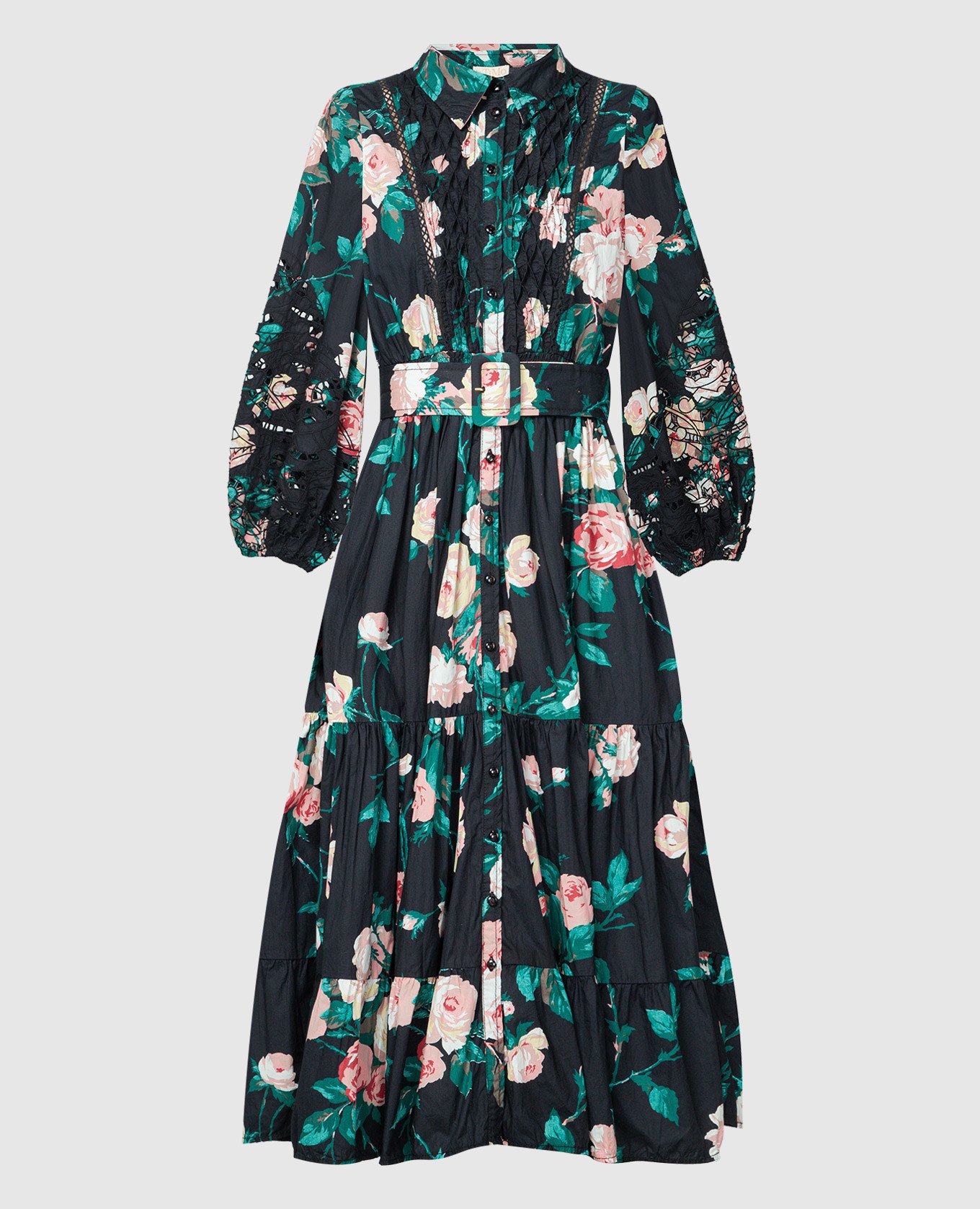 Black midi shirt dress in floral print with embroidery