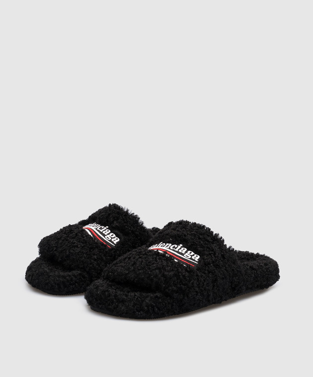 Balenciaga - Черные шлепанцы Furry Slide с вышивкой логотипа