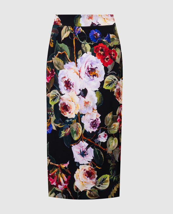Black floral printed silk midi skirt