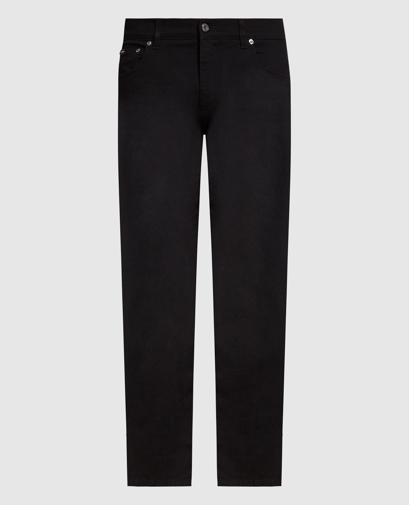 Black jeans with metallic logo patch