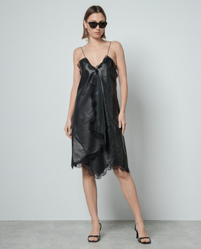 Off-White Черное кожаное платье с кружевом асимметричного кроя OWJH019S24LEA001