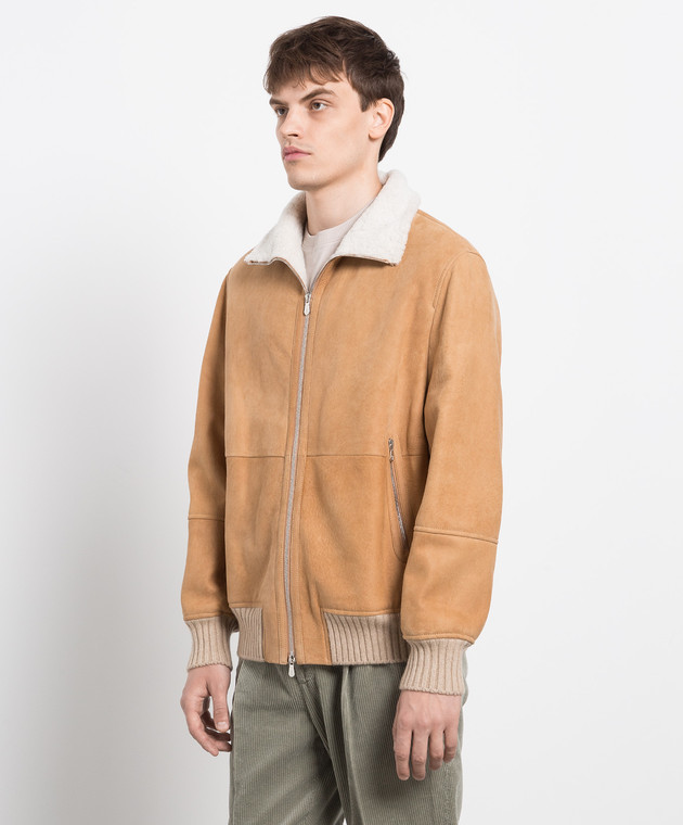 Brunello Cucinelli Темно-бежевая кожаная дубленка MPMLF1737 изображение 3