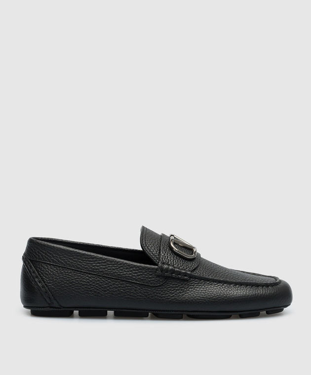 Valentino Black leather loafers with metallic Vlogo Signature logo 3Y2S0G30BNT