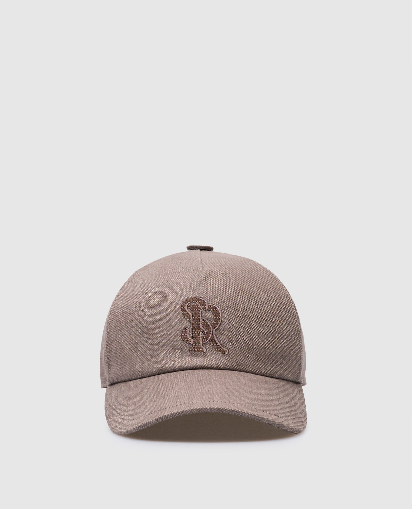 Brown linen and wool cap with monogram logo embroidery