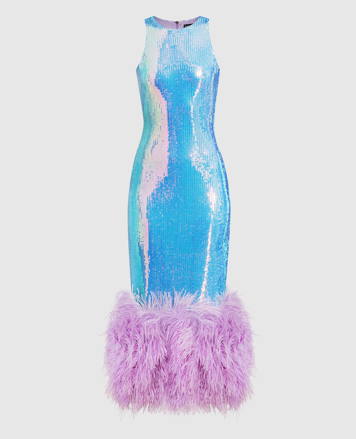 Blue dress with sequins and ostrich feathers