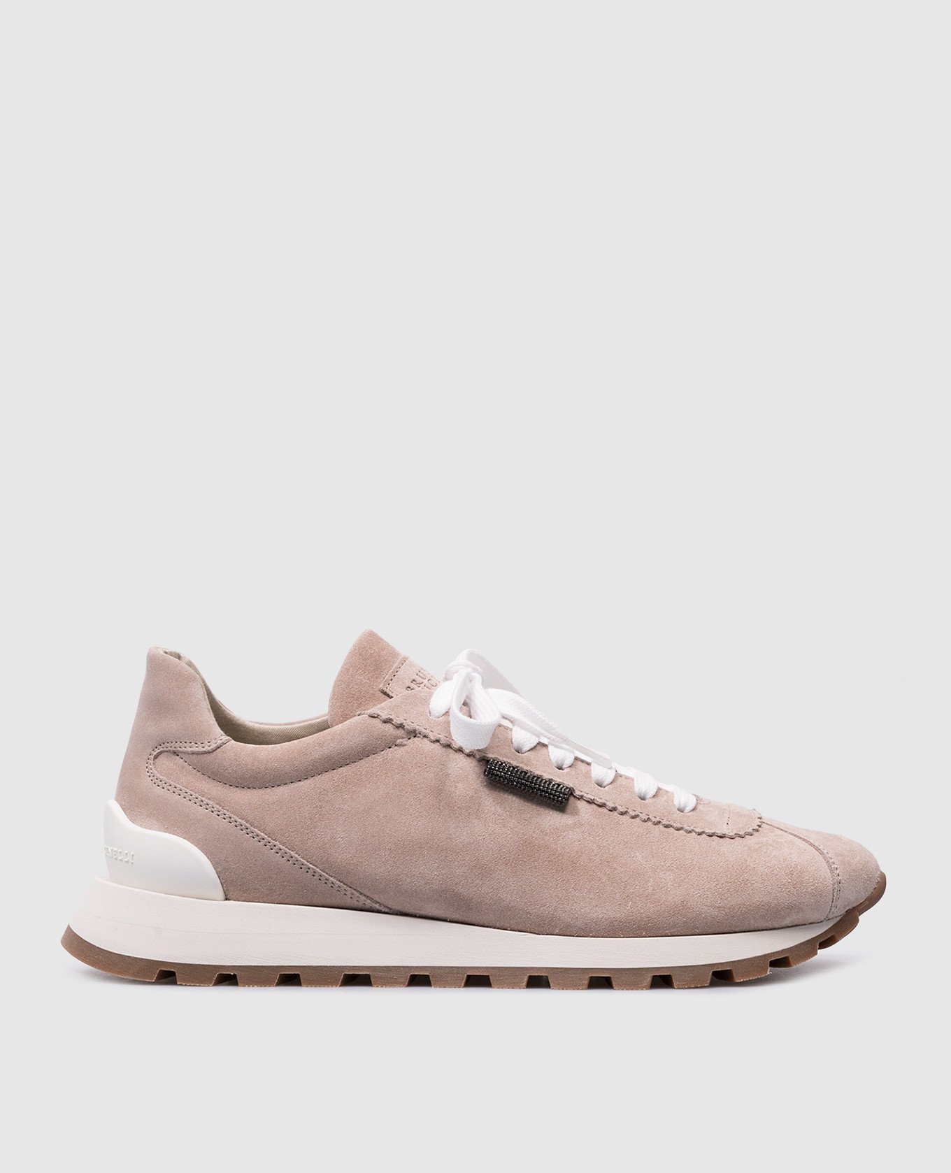 Beige suede sneakers with monil chain