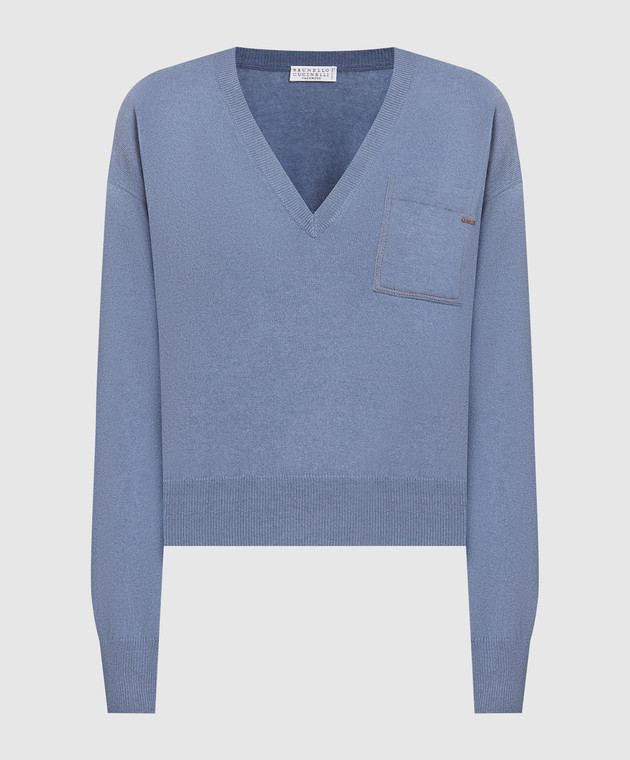 Brunello Cucinelli Blue cashmere pullover with monil chain M12186702P
