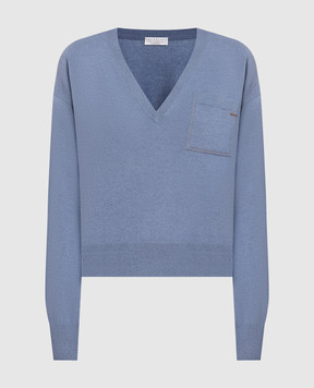 Brunello Cucinelli Синий пуловер из кашемира с цепочкой мониль M12186702P