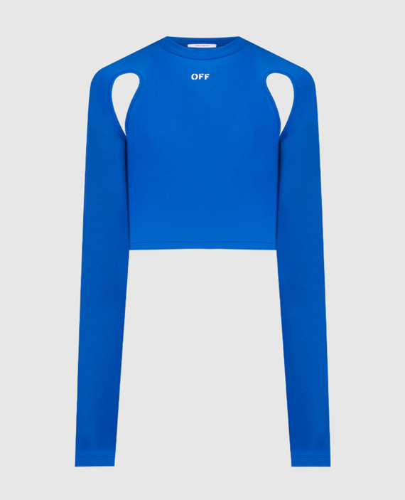 Blue top with a logo print and a figure-hugging neckline