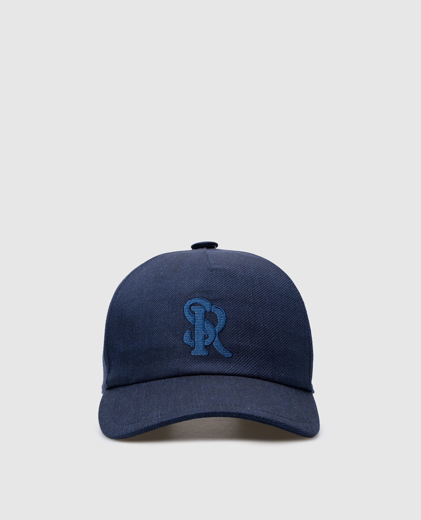 Blue linen and wool cap with logo monogram embroidery