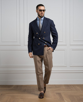Brunello Cucinelli Синий двубортный блейзер из льна и шерсти MS4627BBDE