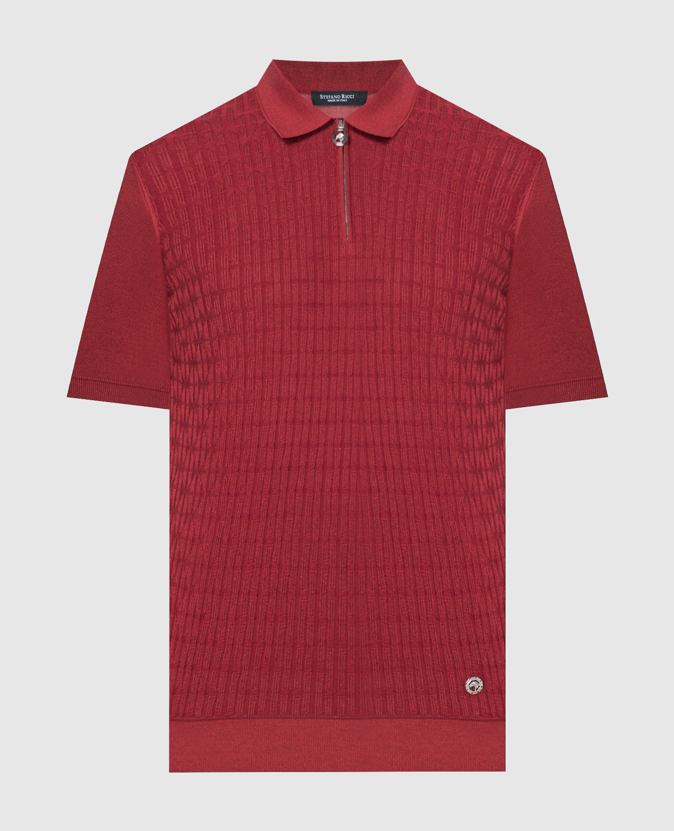 Red polo with silk in a textured pattern with a logo