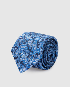 Stefano Ricci Детский синий шелковый набор из галстука и платка-паше в узор пейсли YDH25003