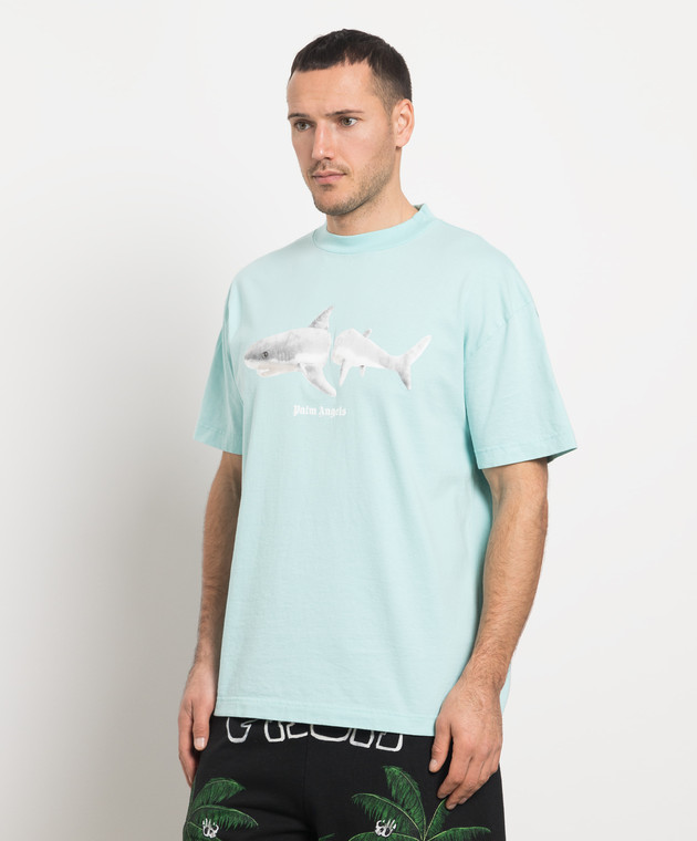 Palm Angels Голубая футболка с принтом WHITE SHARK PMAA001S23JER005 изображение 3