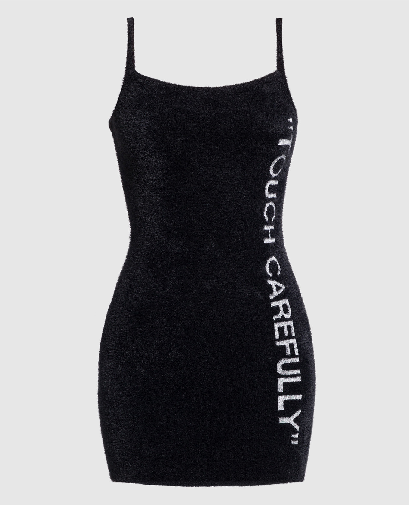 Black mini dress with contrasting inscription Touch carefully