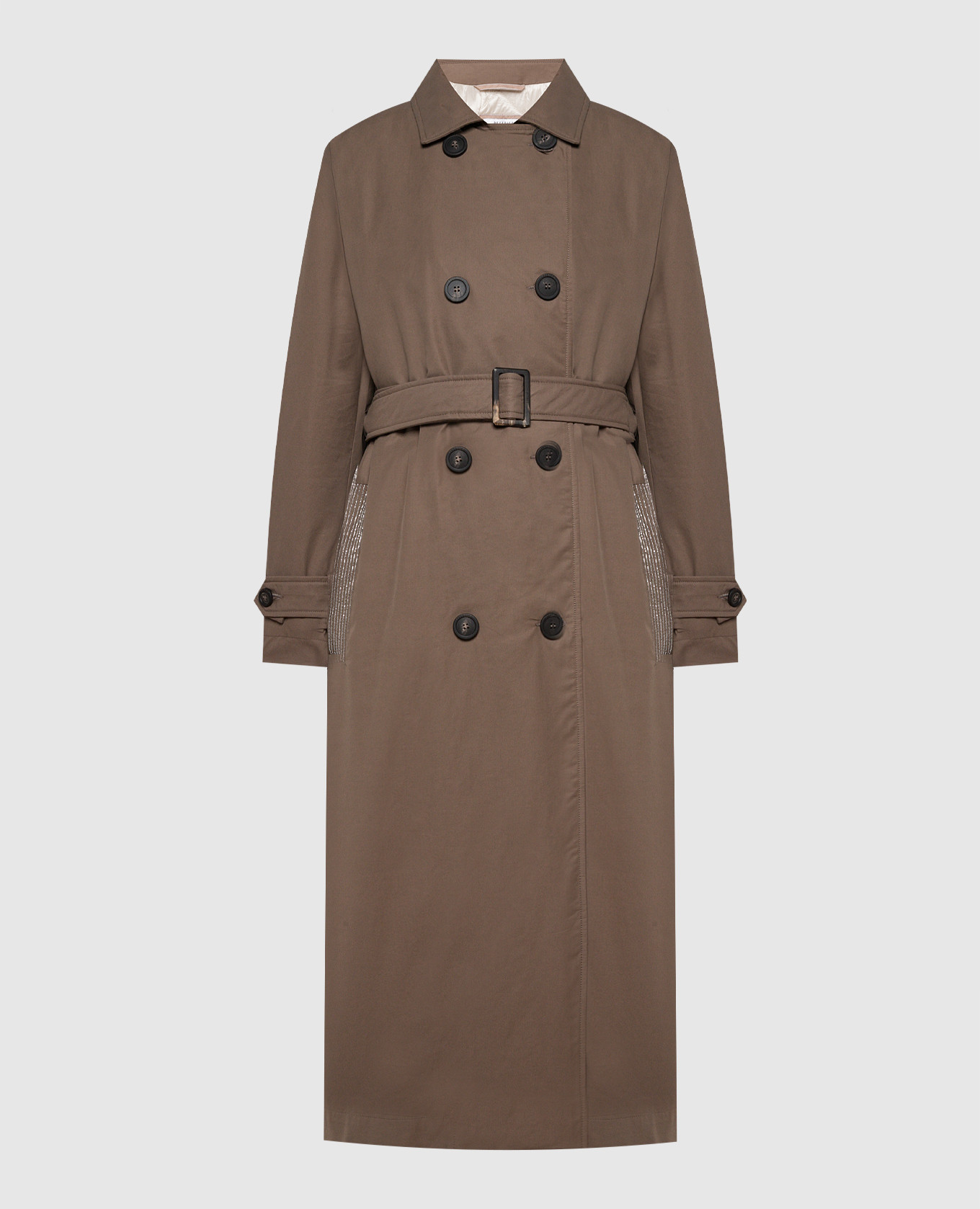 Brown trench coat with monil chain