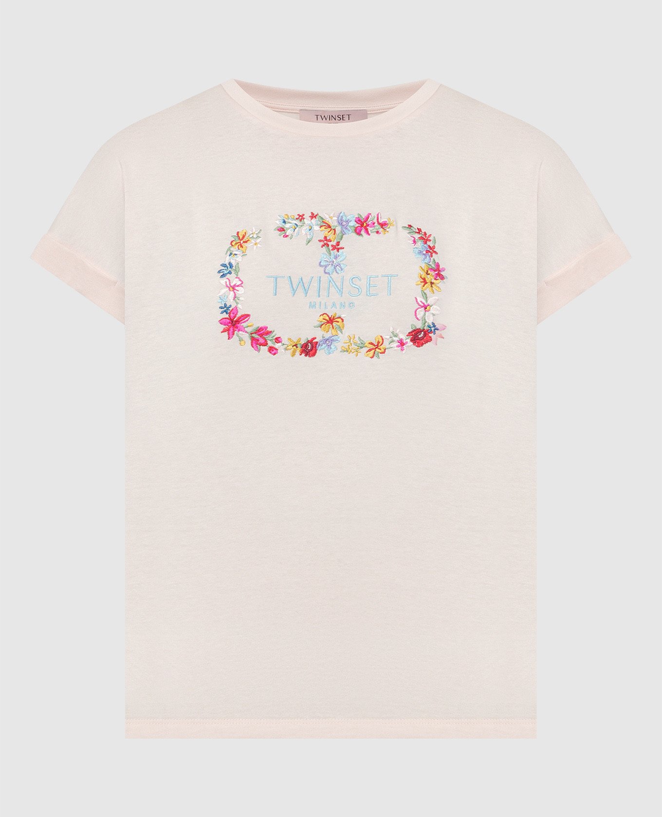 Pink t-shirt with floral logo embroidery
