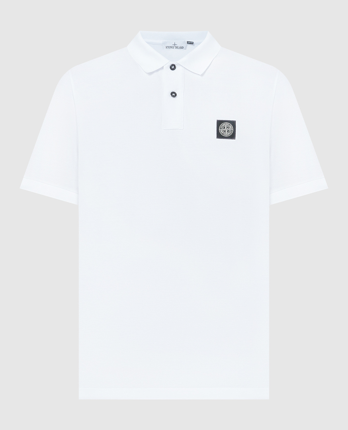 White polo with logo patch