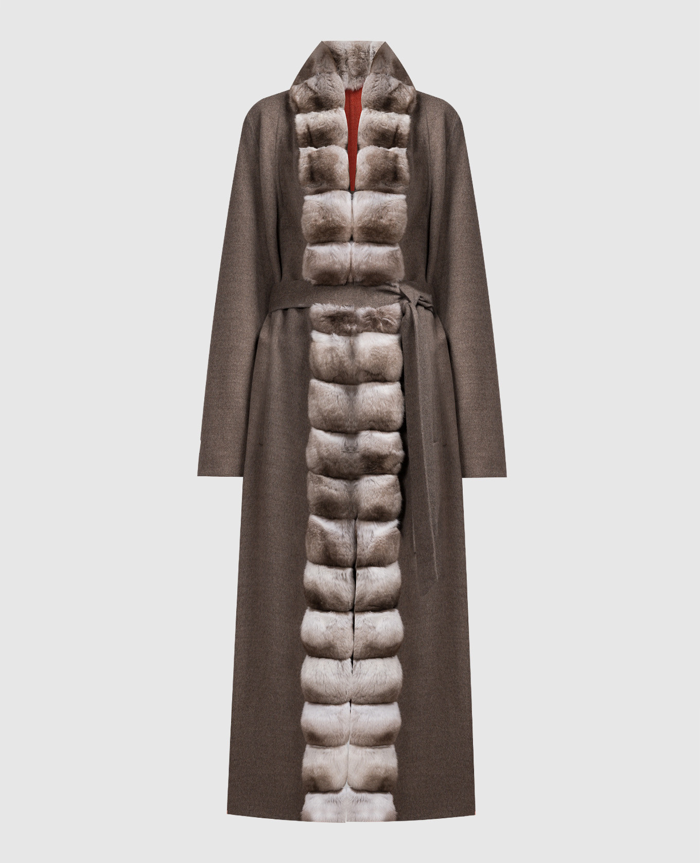 Коричневое пальто из кашемира с мехом шиншиллы
