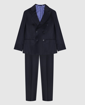 Stefano Ricci Детский синий двубортный костюм в полоску из шерсти Y1SF378950W803