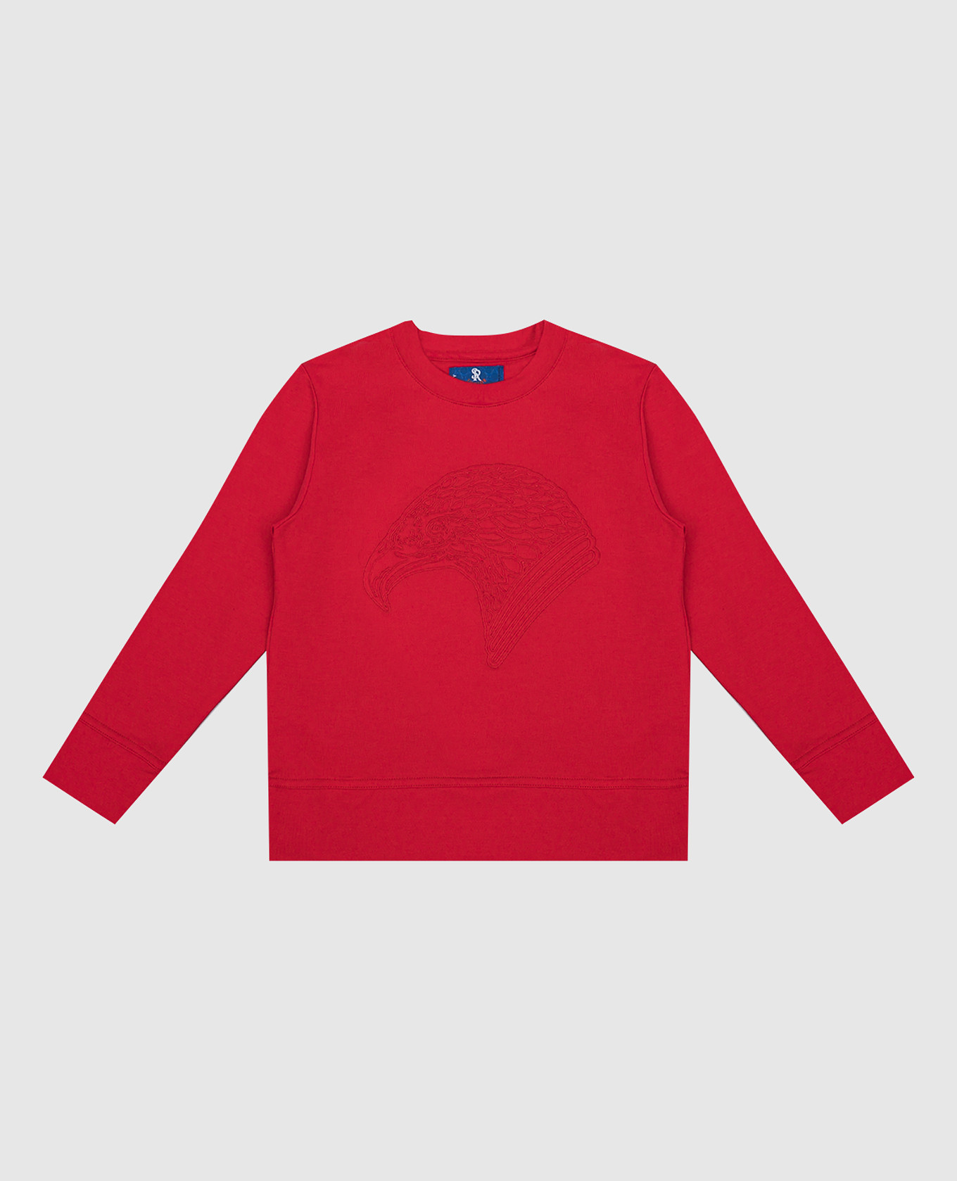 Children's red sweatshirt with an embroidered logo in the form of an eagle head