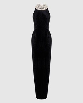 Balmain Черное бархатное платье макси с бусинами BF0RP435PC02