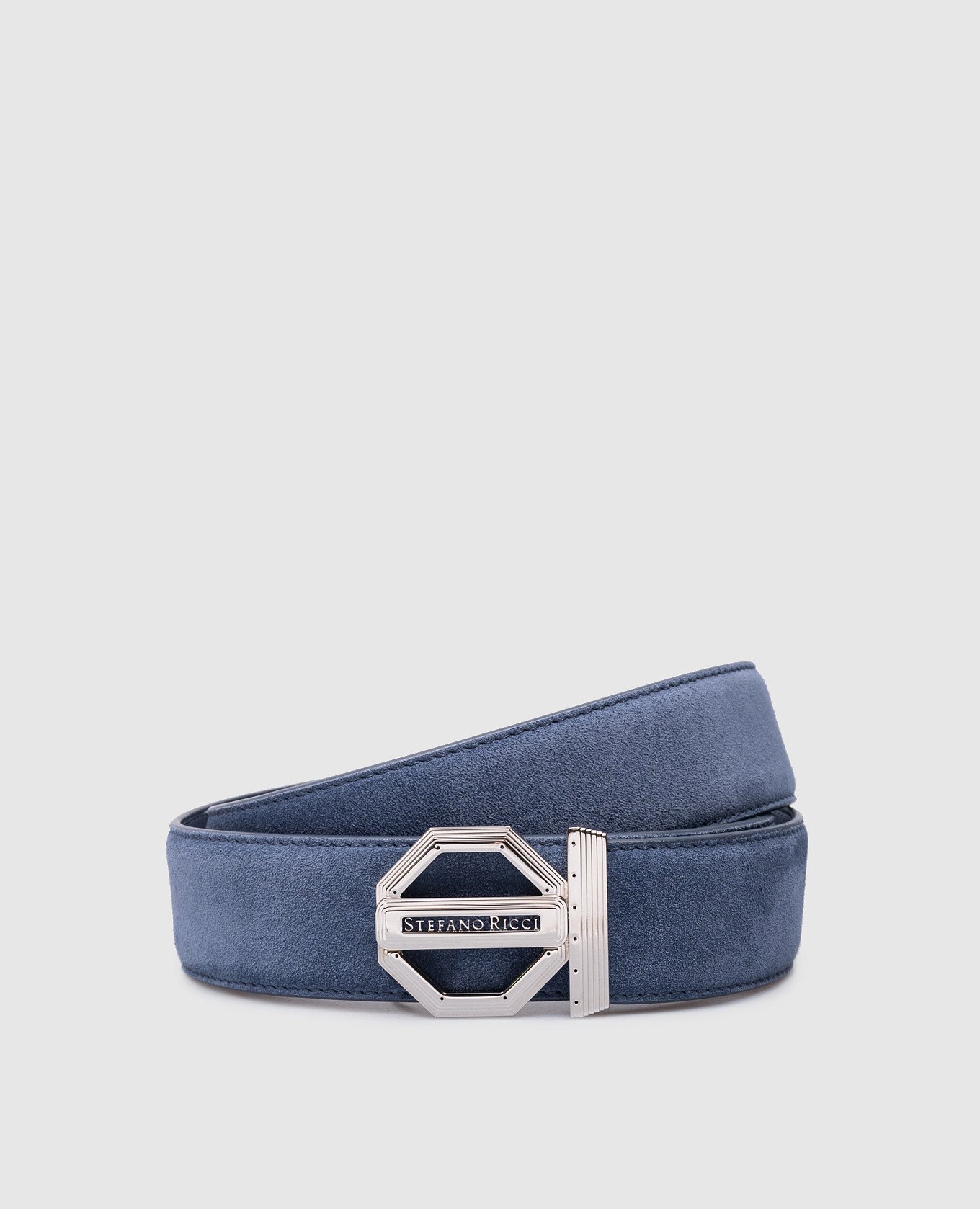 Blue suede belt with metal logo