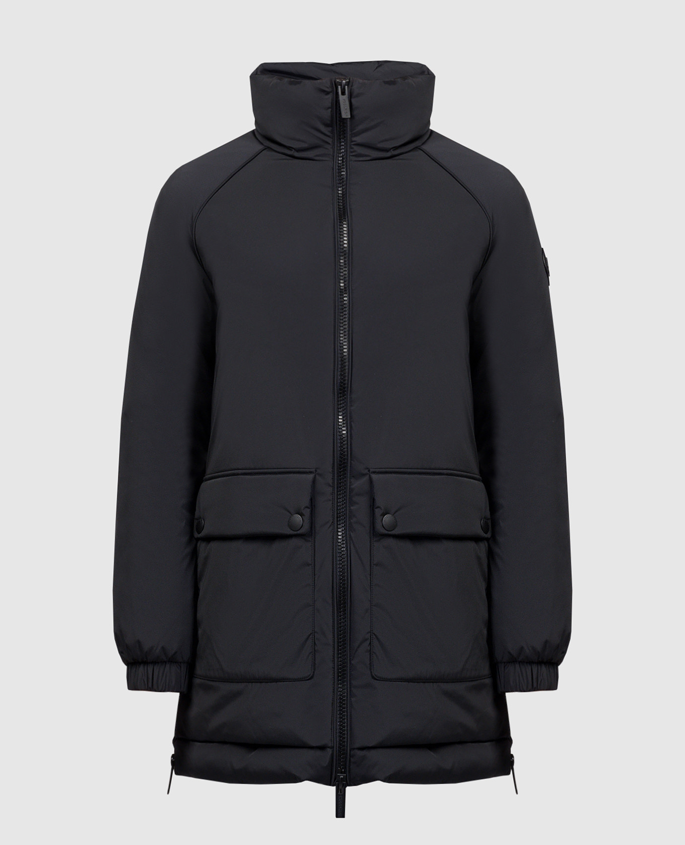Black puffer jacket with logo patch