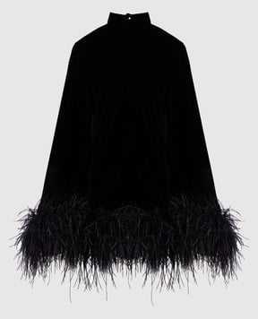 Taller Marmo Черное бархатное платье мини Gina с перьями страуса PS2422