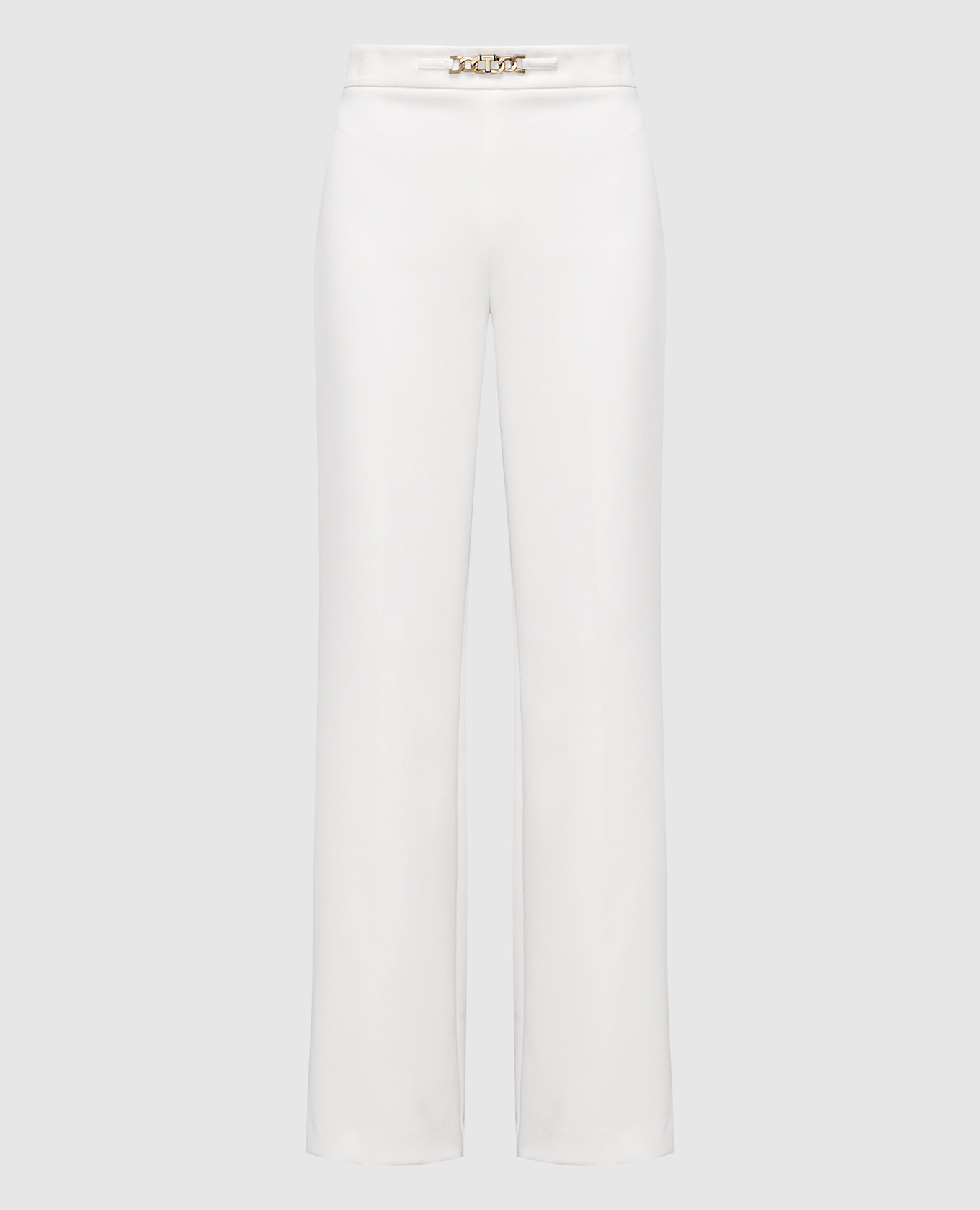 White flared pants with a branded chain