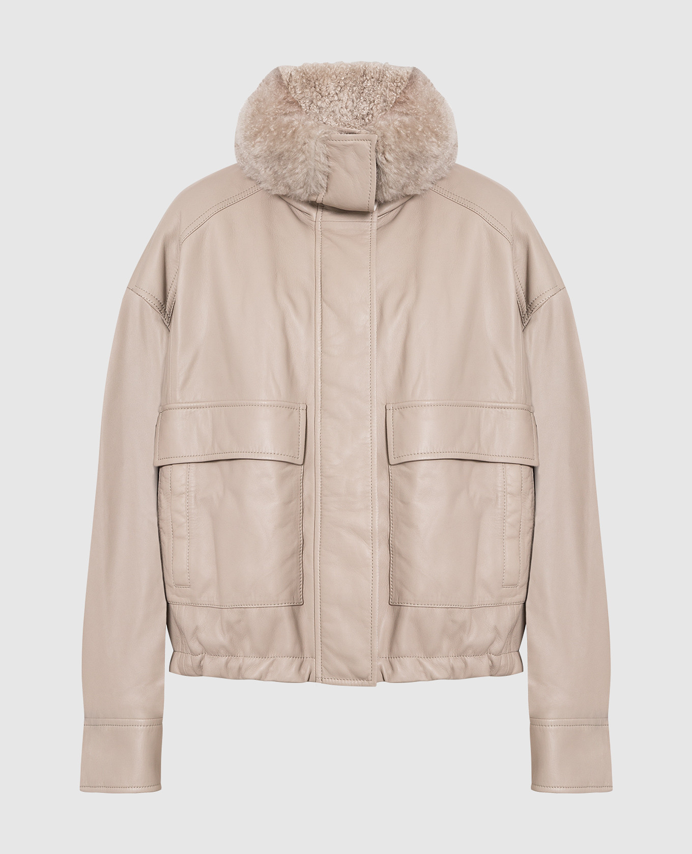 

Темно-бежевая кожаная куртка с мехом и эколатунью, Бежевый, Куртки