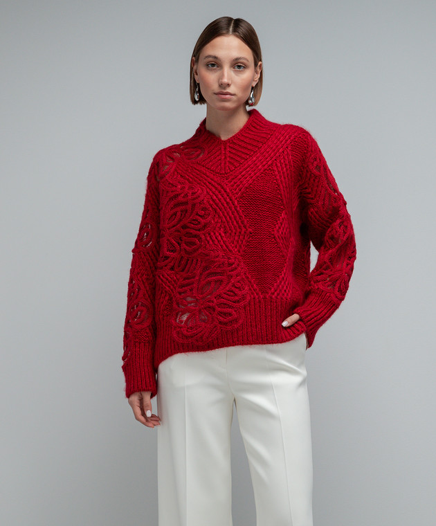 Ermanno Scervino Red sweater in a textured pattern with lace D435M709APNVJ image 3