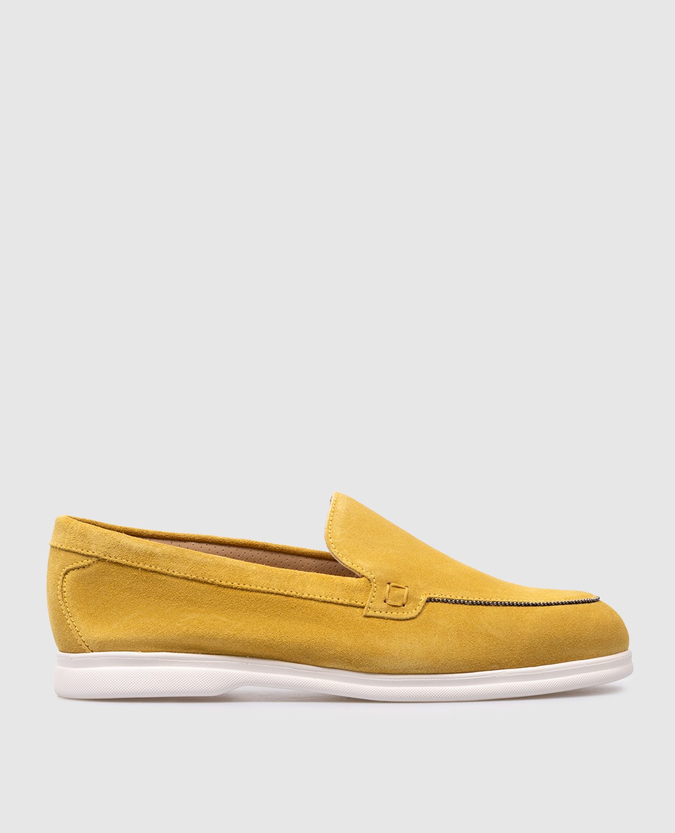 Yellow suede loafers with monil chain