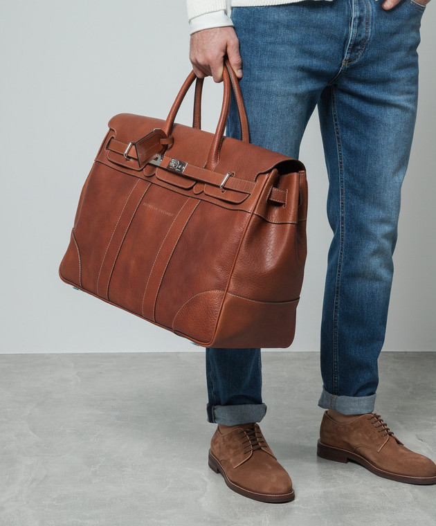 Brunello Cucinelli Коричневая кожаная дорожная сумка с логотипом MBZIU071 изображение 2