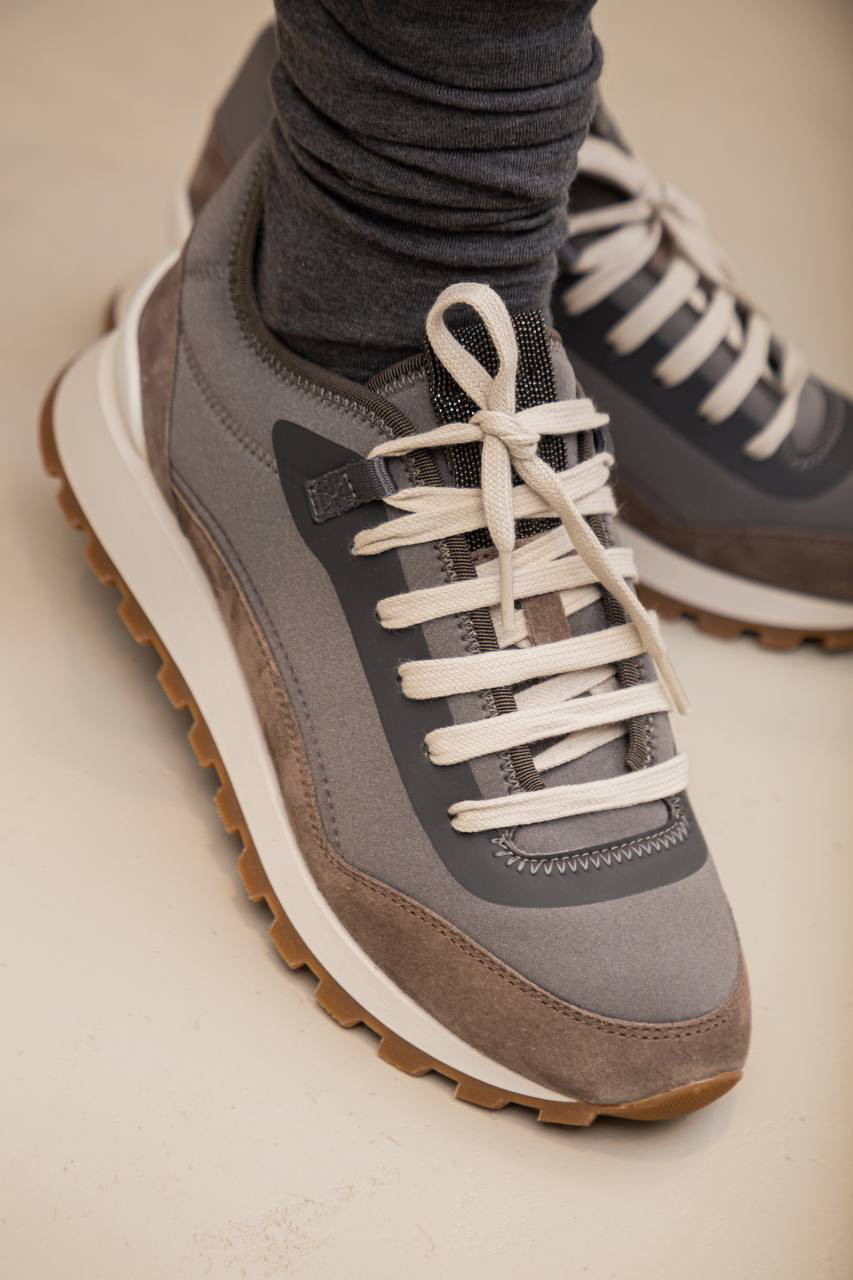 Brunello Cucinelli Серые комбинированные кроссовки с цепочкой мониль MZSFG2531 изображение 6