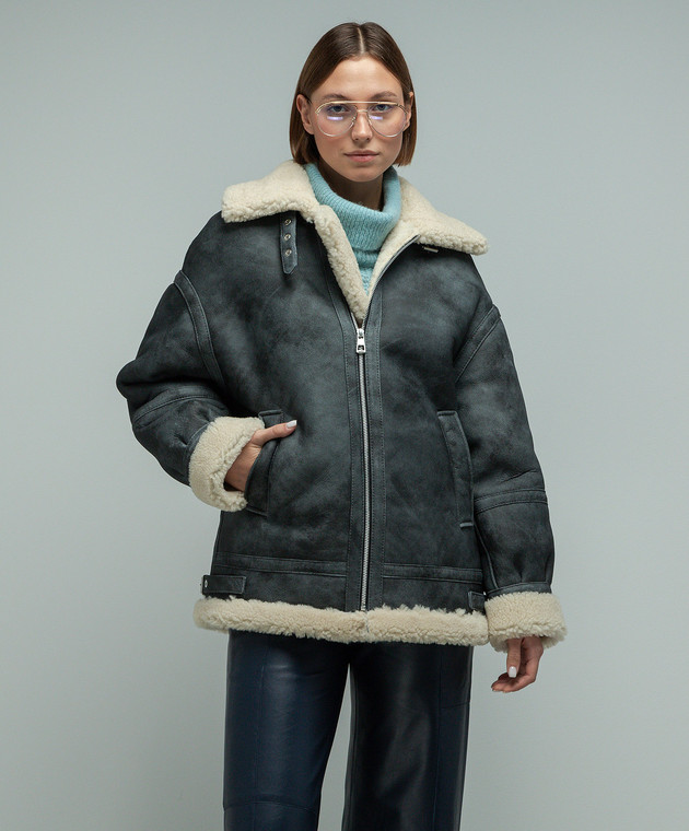 Babe Pay Pls Gray leather sheepskin coat with accent stitching 2313CURLYANTIK image 3