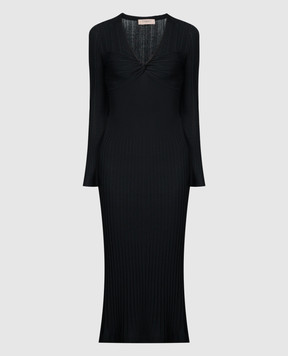 Twinset Черное платье миди в рубчик с логотипом 241TP3050
