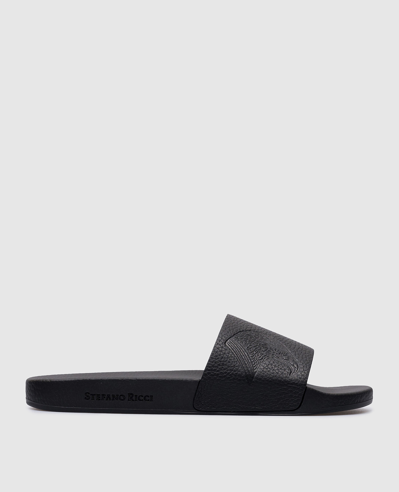 Black leather sliders with embossed logo