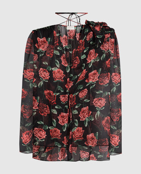 Magda Butrym Чорна блуза із шовку на запах в квітковий принт з брошкою BLOUSE03158723