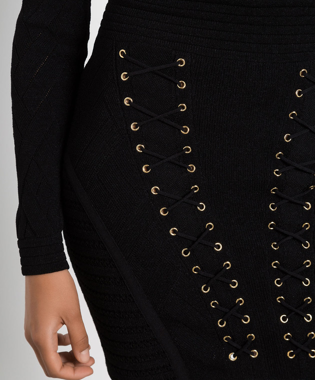 Balmain Чорна сукня міні в текстури з шнурівкою YF1R8519KC28 зображення 5